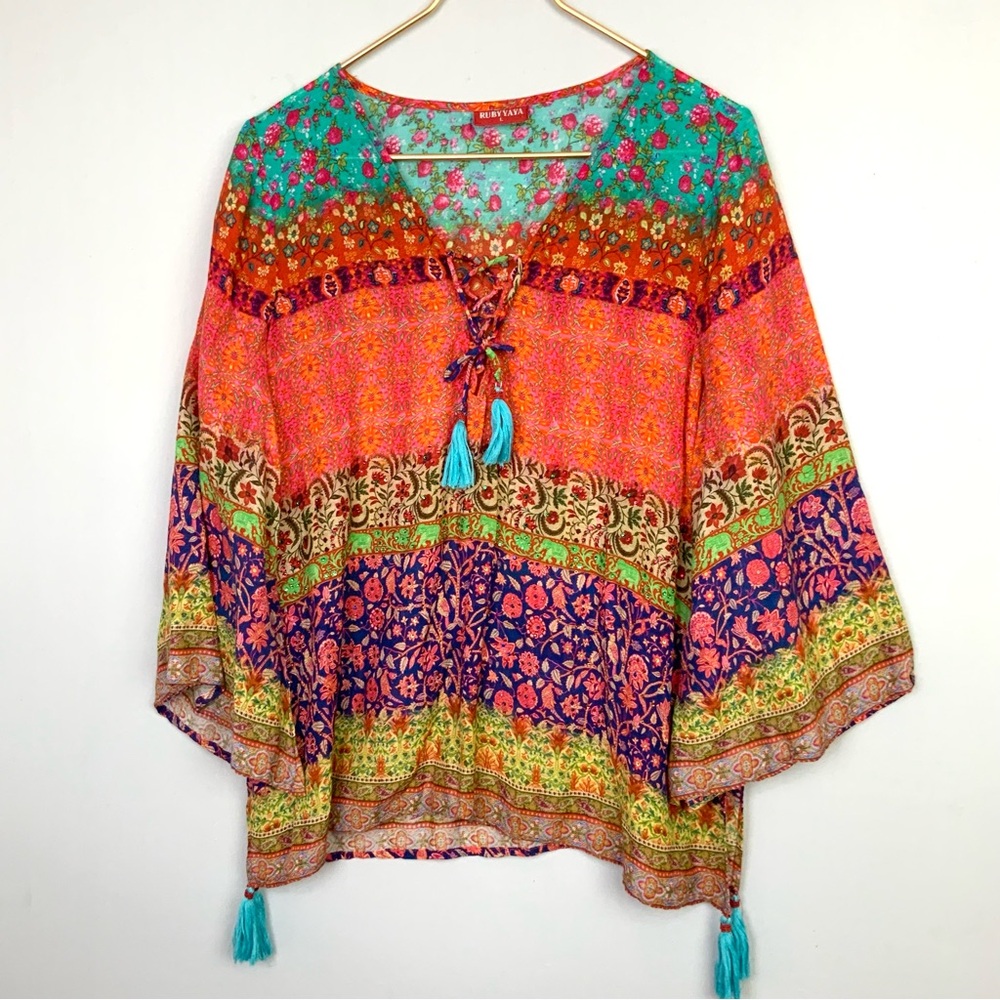 Ruby Yaya Sz Large Multicolor Mixed Print Floral Elephants Tassel Lace Up Top